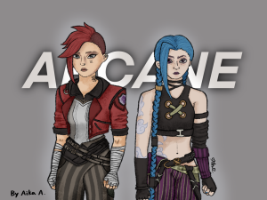 Illustration of Arcane characters, Vi (left) and Jinx (right)